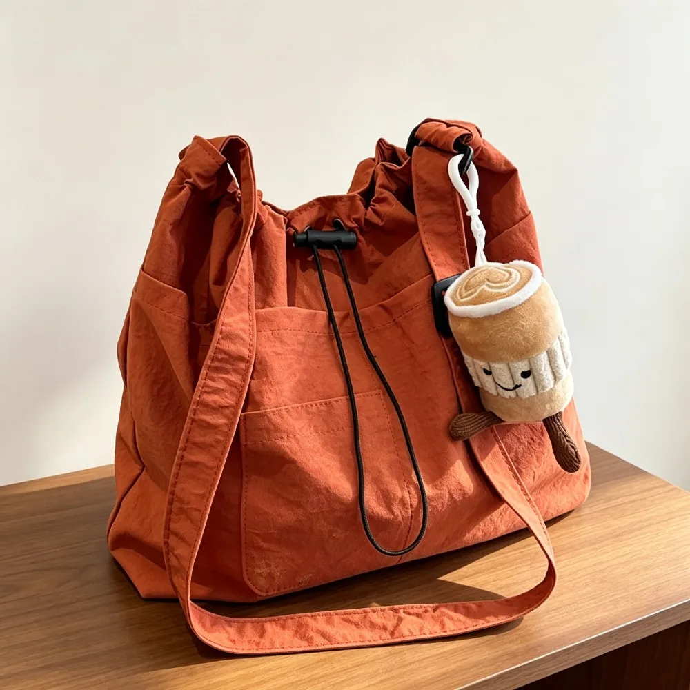 Women Large Capacity Waterproof Nylon Drawstring Bucket Bag Ruched Casual Versatile Single Shoulder Crossbody Handbag for Travel