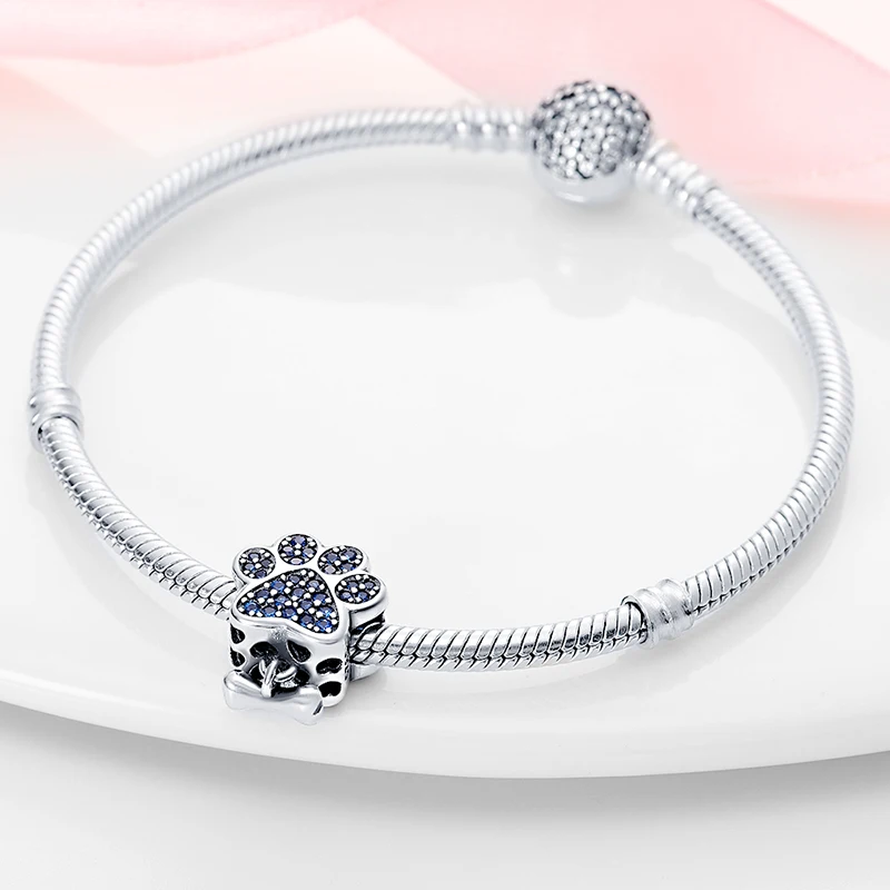 2024 Hot Sale Blue Zircon Dog Paw Pattern And Bones Charm Bead Fits Pandach Bracelet Women Silver Pendant Beads Jewelry Gift