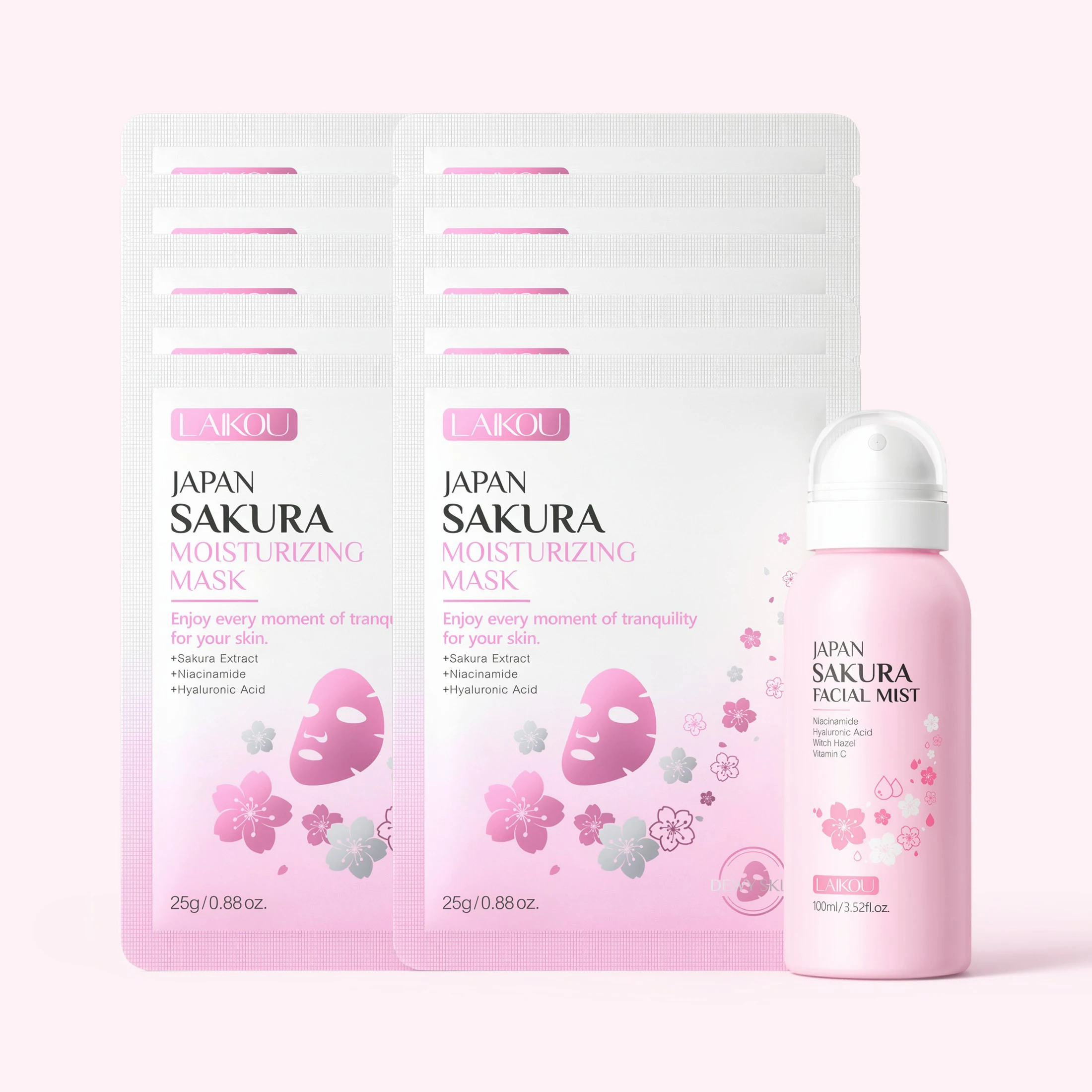 LAIKOU Japan Sakura Skincare Set,100ml Facial Mist +10Pcs Moisturizing Face Mask,Hydrating Soothing Skin Care Kit