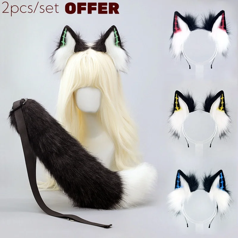 

New Handmade Punk Gothic Wolf Ear Headband Comic Animal Furry Tail Halloween Cosplay Prop Y2k Thorns Fox Ear Tail Set