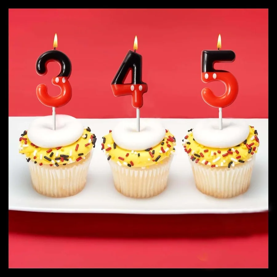 شموع كعكة عيد الميلاد بأرقام حمراء سوداء ونقاط بيضاء لتزيين كب كيك الكيك للأولاد والبنات بطابع كرتوني سعيد لحفلات أعياد الميلاد