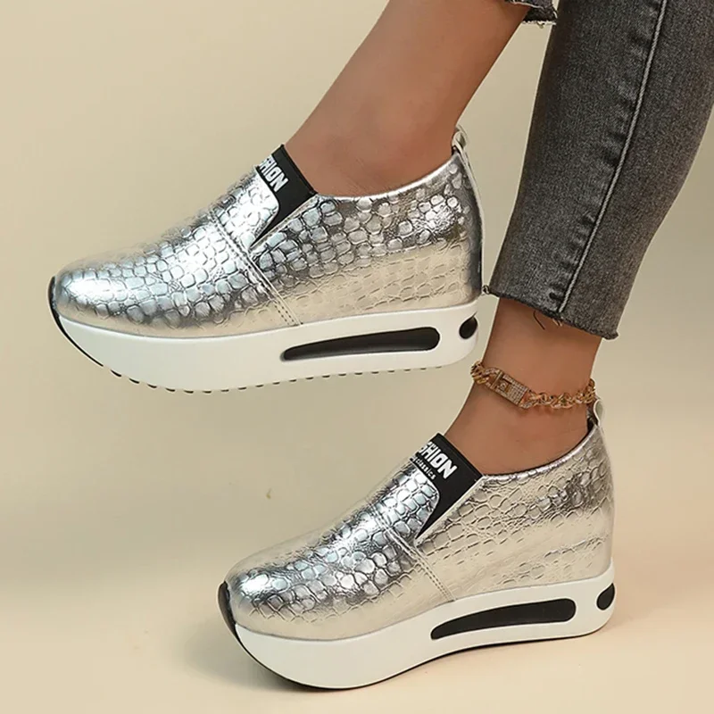 Fashion Silver Thick Bottom Slip On Sneakers Women 2025 Autumn Chunky Platform Casual Mules Shoes Plus Size Lady\'s Loafers Shoes