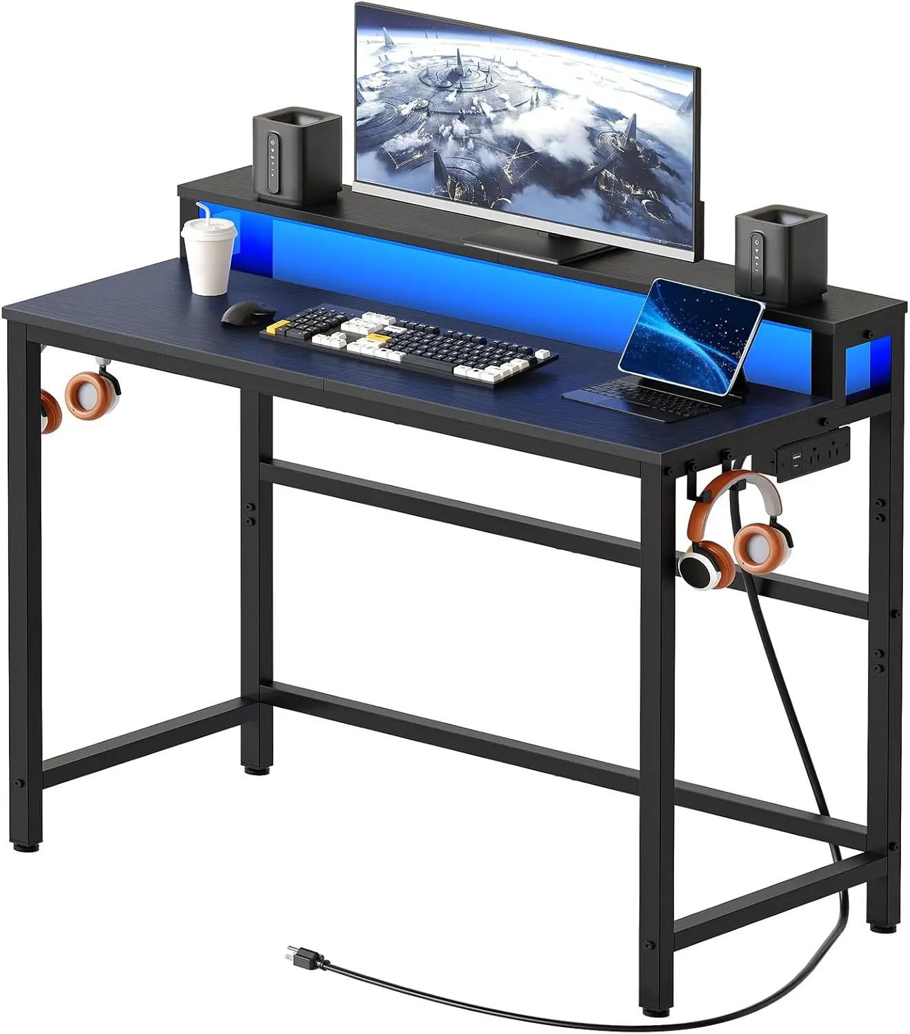 

Small Computer Desk with Charging Station and LED Lights, Gaming Desk with Monitor Stand, 2-Tier Office Desk with 4 Hooks, for Home Office, Black