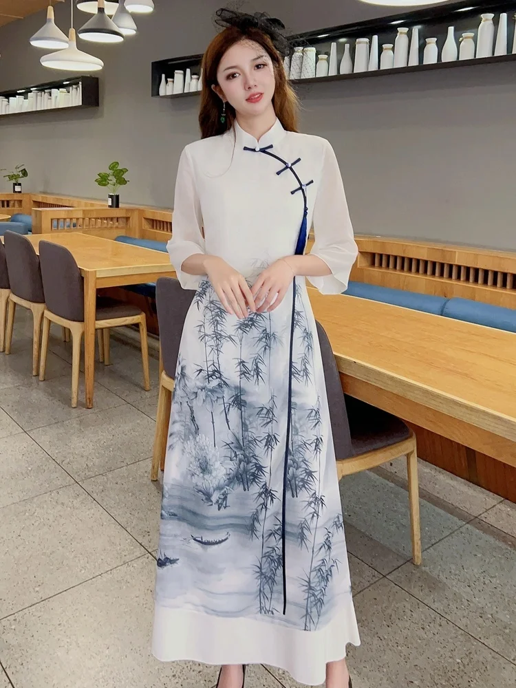 

Young Women's Long Sve Qipao Dr Slimming Chinese Sle New Water-Media Design Evening Gown Floral Pattern Ethnic Faion