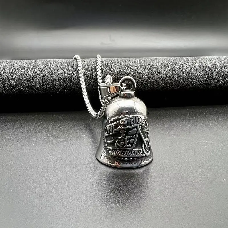 Stainless Steel Motorcycle Style Polished Retro Punk Motorcycle Skeleton Character Riding Lucky Bell Pendant