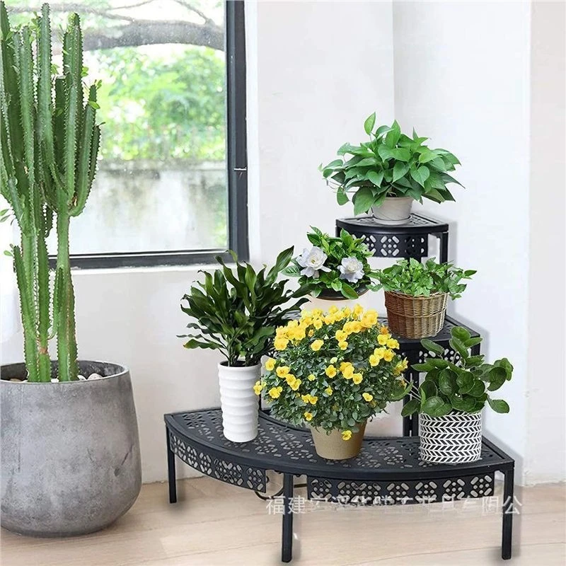 3-layer flower pot frame, metal stepped corner frame flower pot, quarter round display rack for indoor room