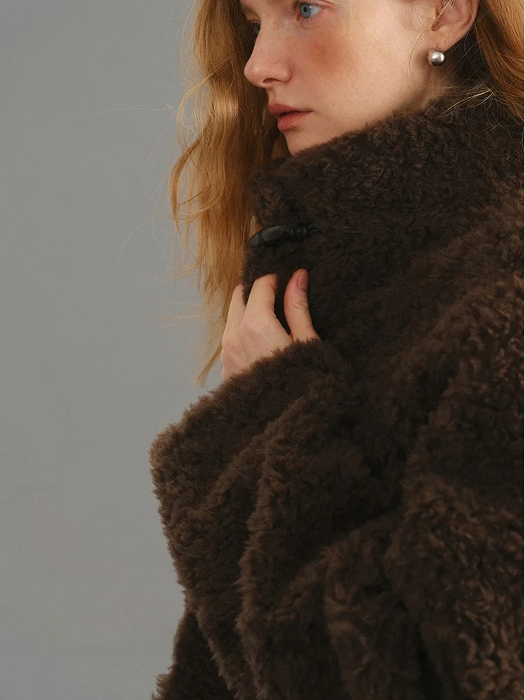 Who Peach Hand Long Stand Collar eepskin Coat Women Loose Slimming Versatile Winter Warm Top Commute Sle Thi Wool