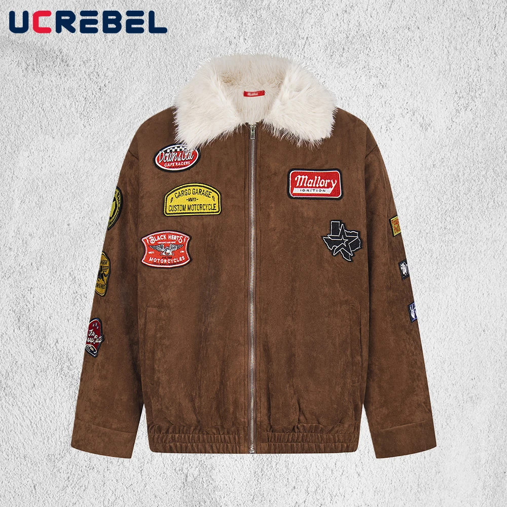 

Badge Embroidery Padded Jacket Mens Retro High Street Winter Warm Spliced Lapel Long Sleeve Thick Outerwear Man