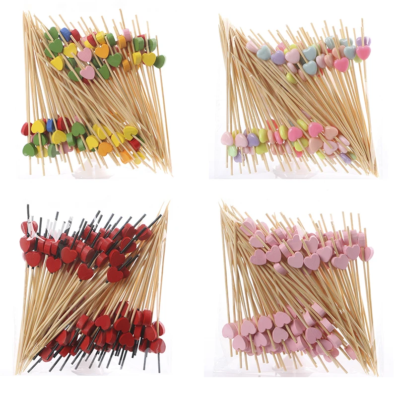 

100PCS Disposal Bamboo Toothpicks Fruit Salad Buffet Picks Colorful Loving Heart Aperitif Cocktail Sticks Decoration Accessories