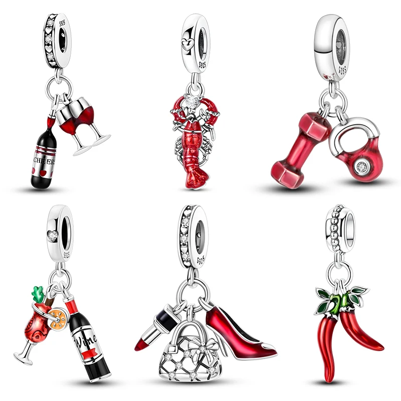 Original 925 Sterling Silver Red Charm Beads Red Wine Chili Dumbbell Pendant For Women Fit DIY Bracelet Birthday Jewelry Gift