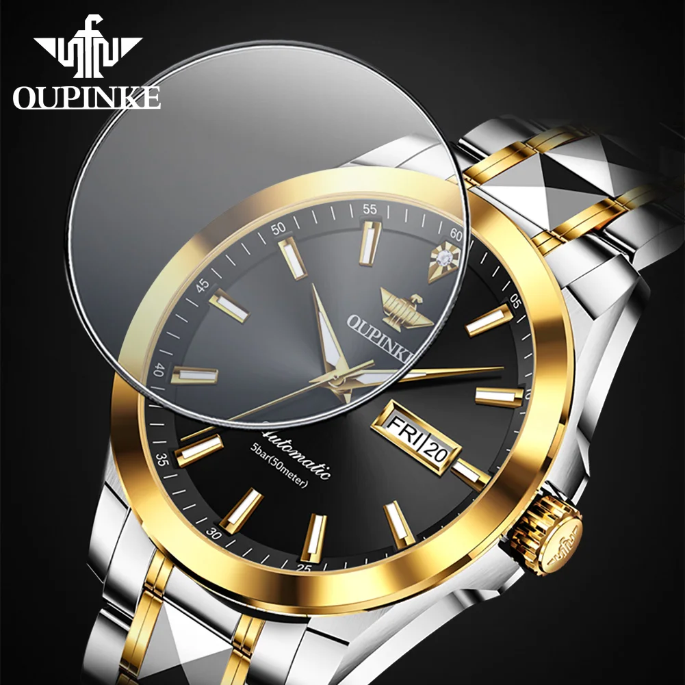 OUPINKE 3223 Мужские часы Элитный бренд Механические часы ﻿   Водонепроницаемые мужские часы из вольфрамовой стали 50 м с отчетом качества