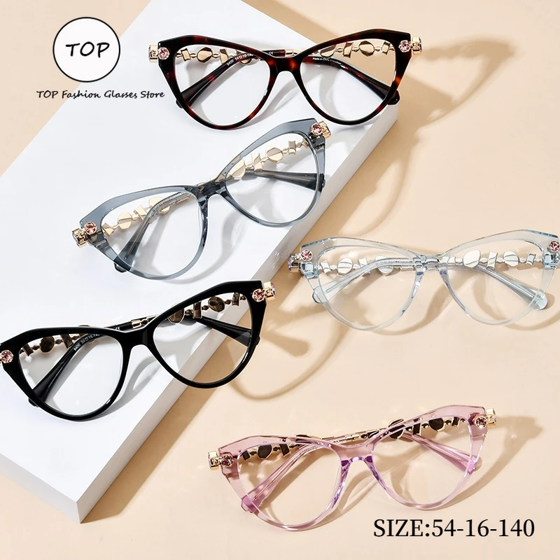 

Новинка 2026, оправа для очков «кошачий глаз», женские роскошные прозрачные очки с бриллиантовым декором, 54-16-140, модные ретро оптические очки