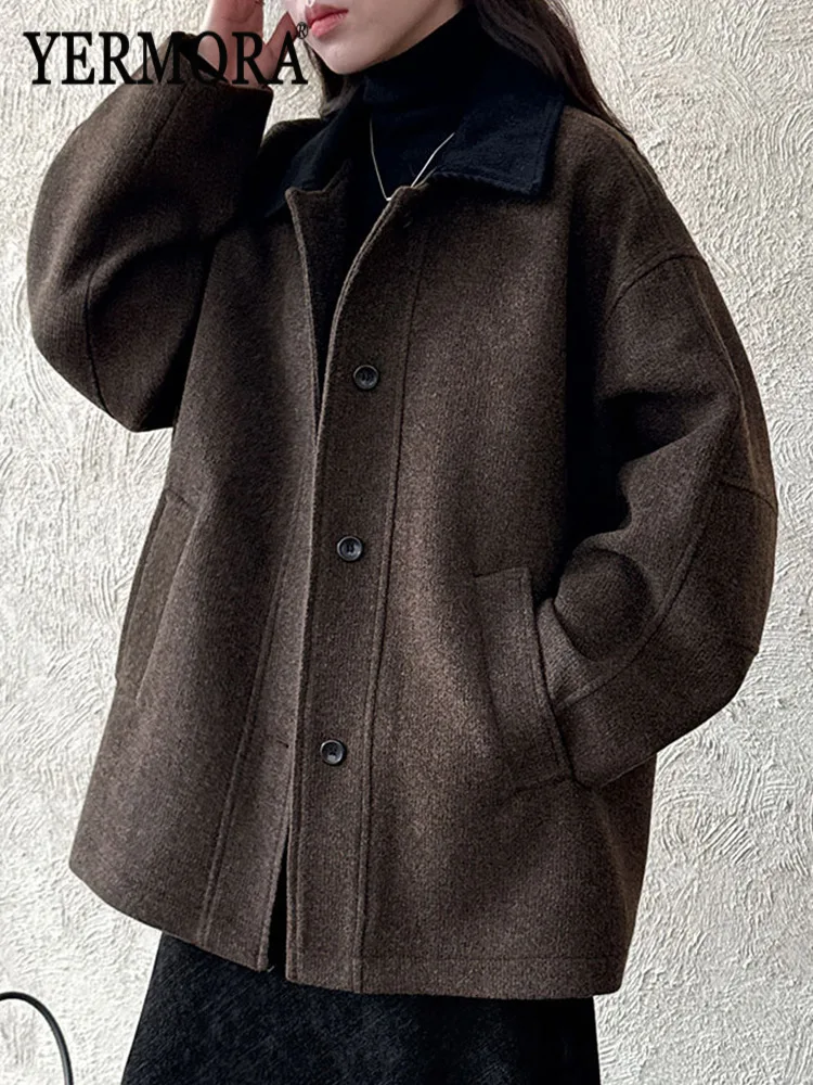 

YERMORA Coffee Button Brief Short Woolen Coat For Women Lapel Long Sleeve Loose New Overcoat Fashion Tide Autumn Winter 2025