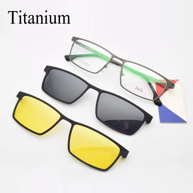 Half Frame Titanium Glasses Frame Myopia For Men Sunglasses Night-Vision Goggles with Polarized Clip Set of Magnet  Lens