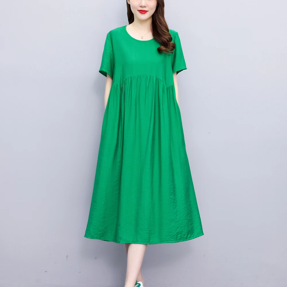 New Casual Fashion Summer Dresses For Women 2023 Vintage Elegant Short Sleeve Solid Women Dress O-Neck Dresses