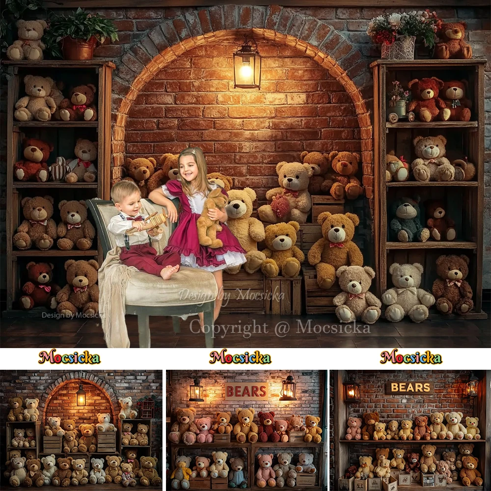 

Toy Bear Gift House Background Photography For Kids Birthday Lights Retro Brick Wall Backdrop Decor Baby Show Photozone Studio