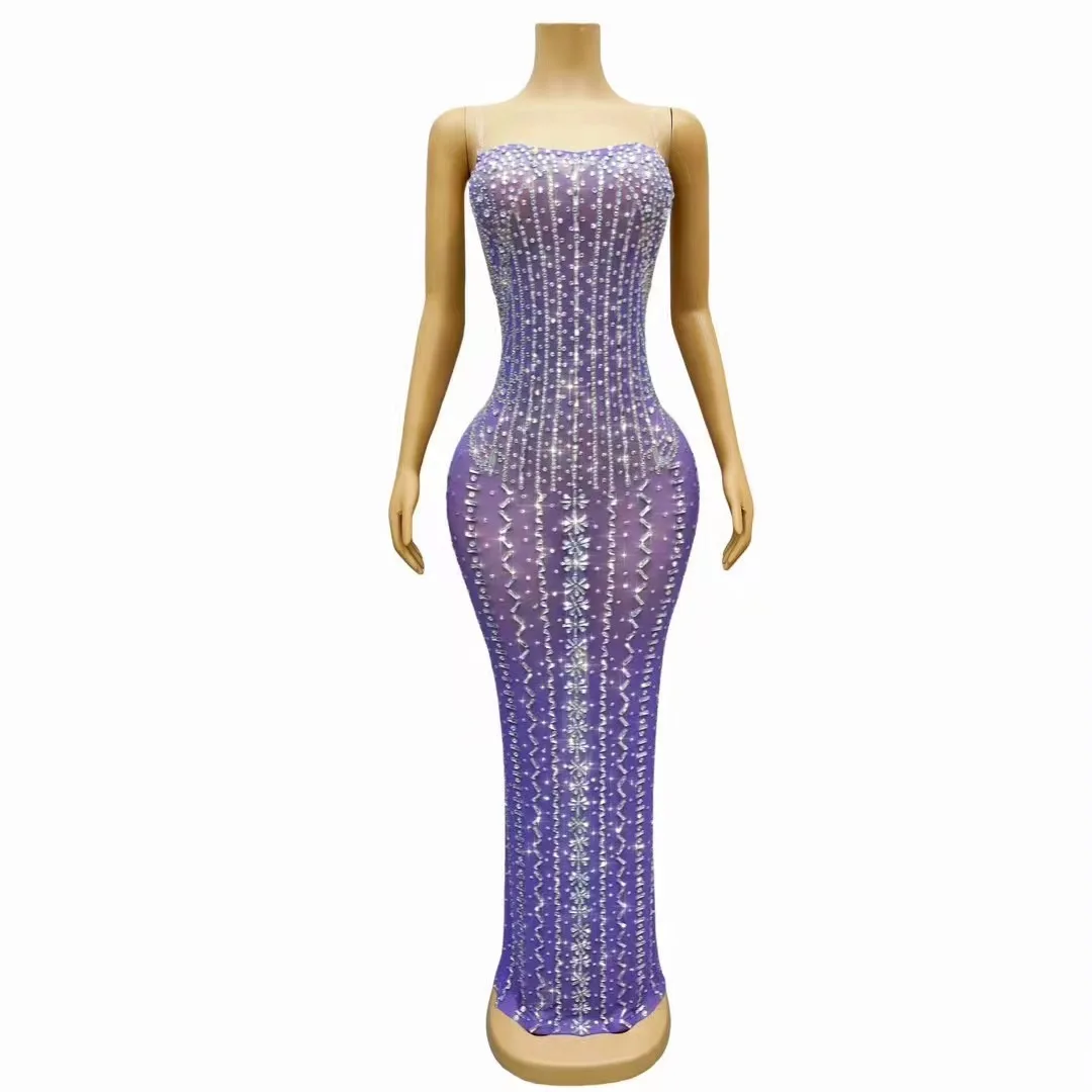 Sparkly Rhinestones Purple Long Dress for Women Sexy Mesh See Through Celebrate Evening Prom Birthday Dress Photo Shoot Wear