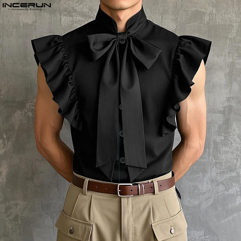 

INCERUN Мужская рубашка, однотонная рубашка с воротником-стойкой, топы без рукавов с рюшами на шнуровке, рубашки унисекс, уличная одежда, модная мужская одежда 2025 г.