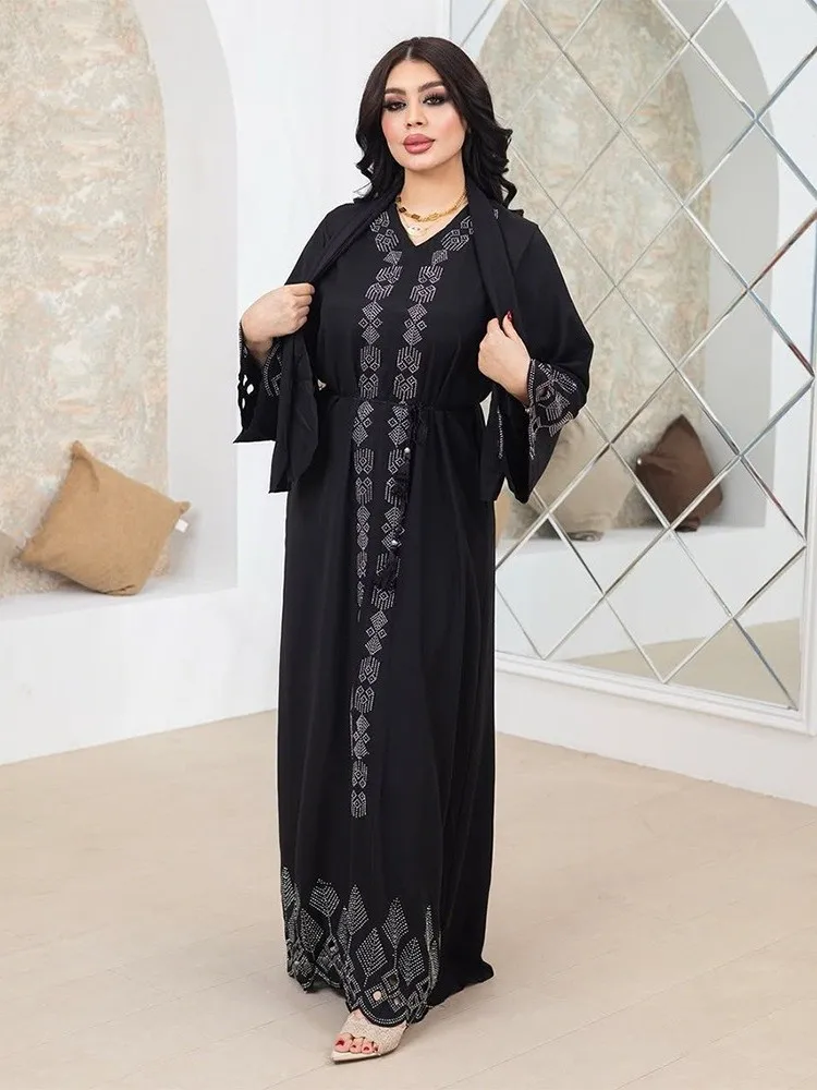 

V-Neck A-Line Dress XQY500495 Ethnic Style plus Size Polyester Dress with Waist Belt Long Sleeve Casual Wear Loose Fit