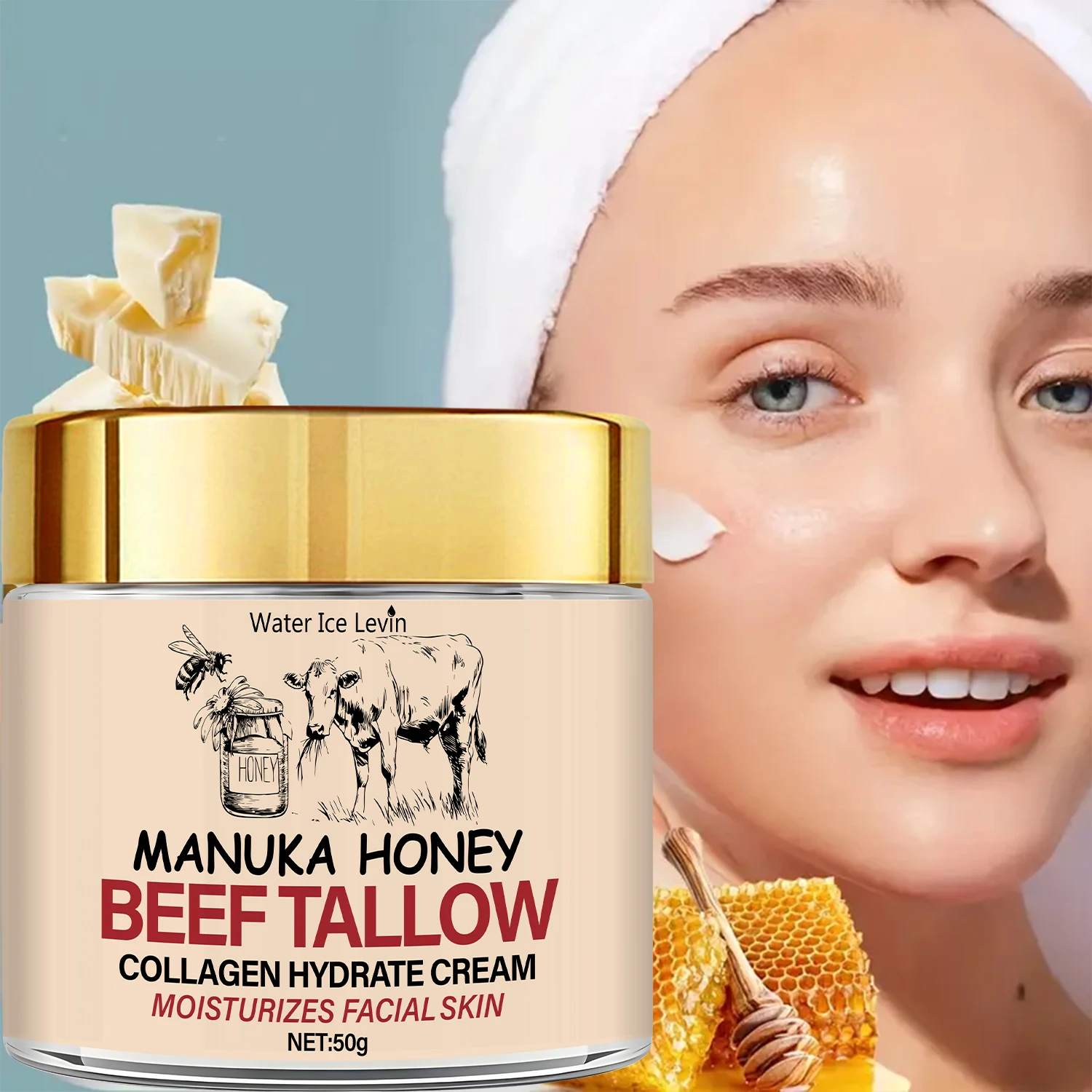 Manuka Honey & Beef Tallow Collagen Cream: Bee Venom-Infused, Moisturizes Facial Skin for Softer Glow