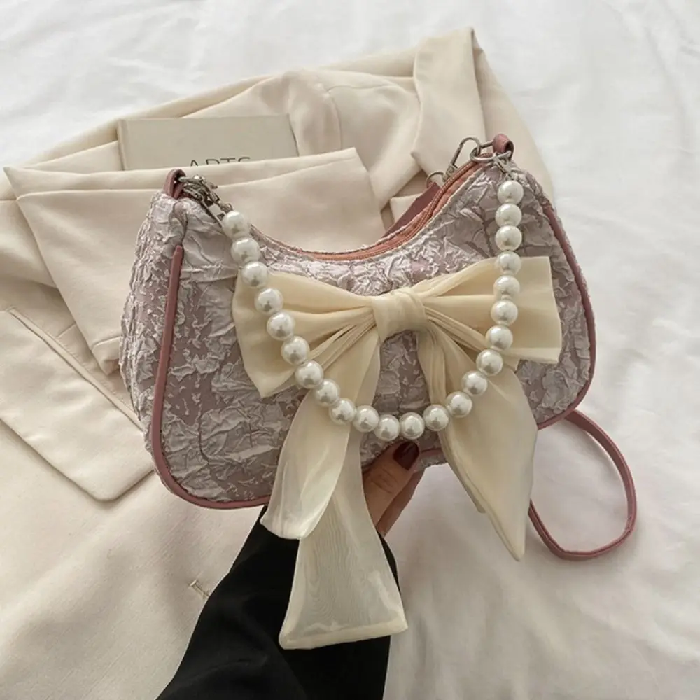 

Sweet Canvas Bow Shoulder Bag Pearl Handbag Bow Underarm Bag Crossbody Bag Korean Style Small Square Bag Daily