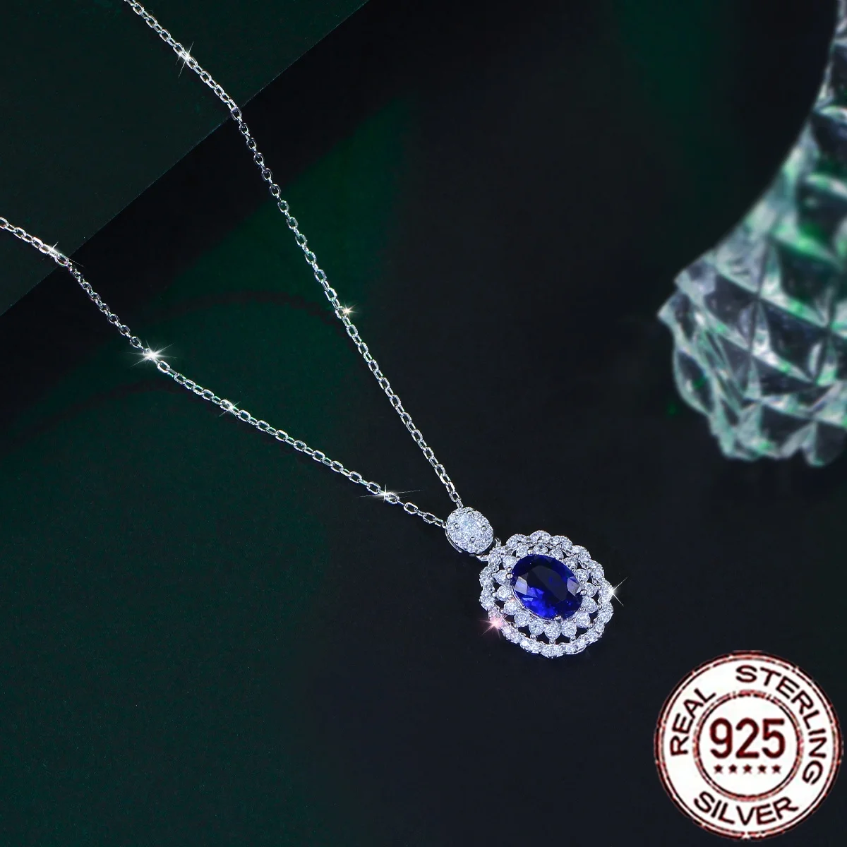 QooLady S925 Sterling Silver Oval Royal‑Blue CZ Halo Pendant Necklace for Women Jewelry Gift for Wedding Anniversary Party SD086
