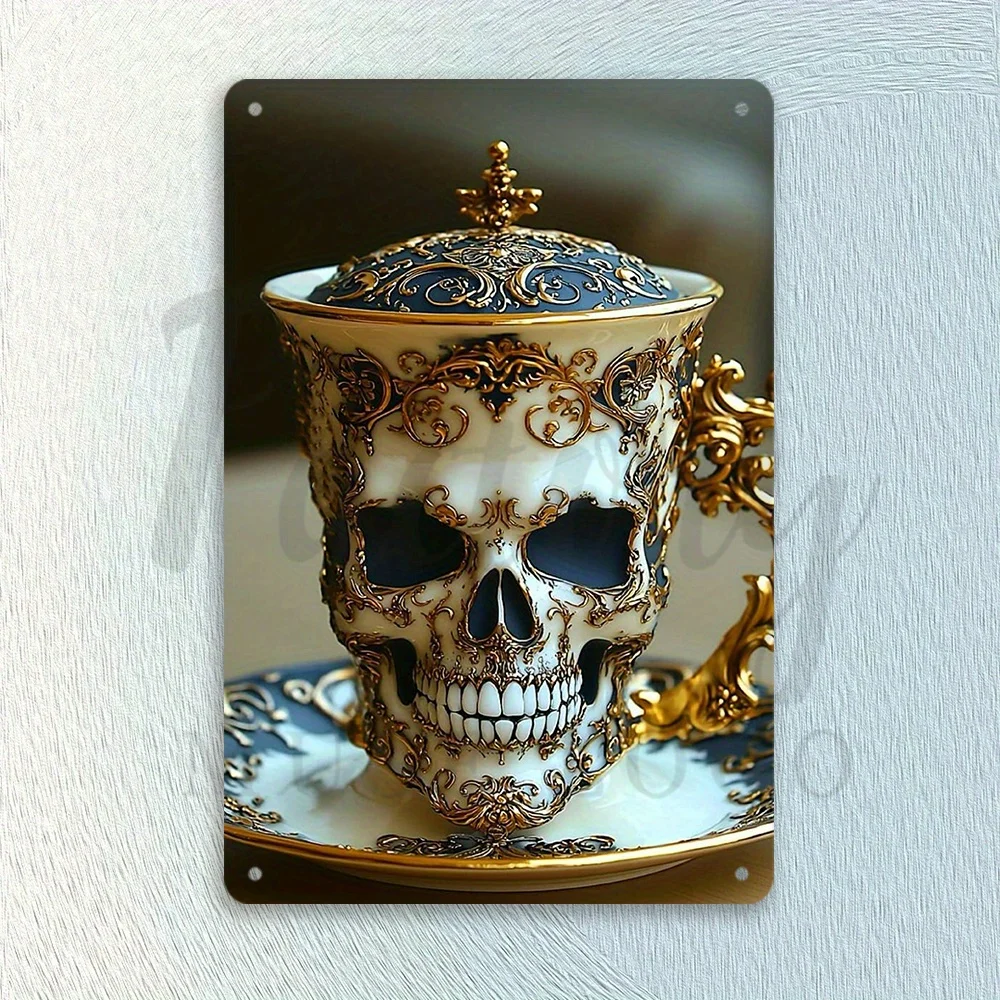 Letrero de metal de taza de té de calavera vintage | Decoración de pared de hierro | Placa de arte 2D para el hogar, bar, cafetería, granja - sin batería