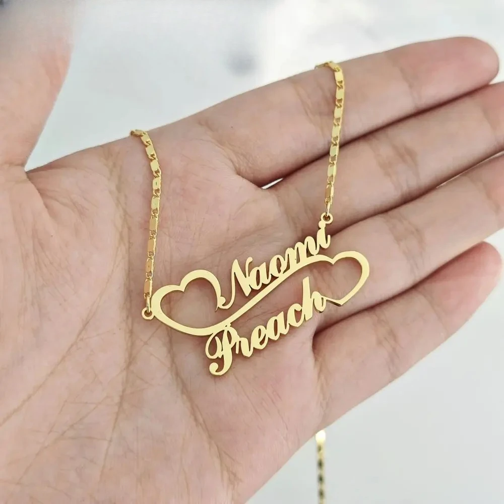 DOREMI Special Custom Name Double Heart Linked Nameplate Necklace Women Gift Jewelry Personalized Gold Double Name Necklace