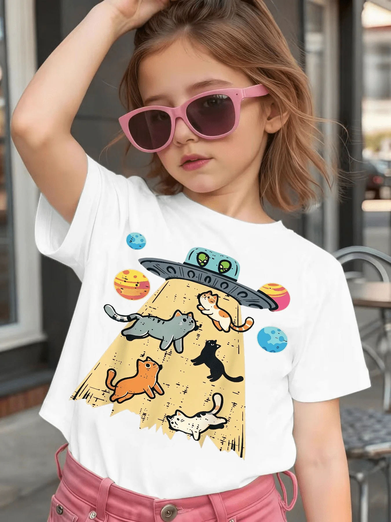 Cute UFO Space Cats Planet Graphic Kids Tee Boys Girls Family Matching Cotton Crew Neck Short Sleeve Soft Casual Summer Tee