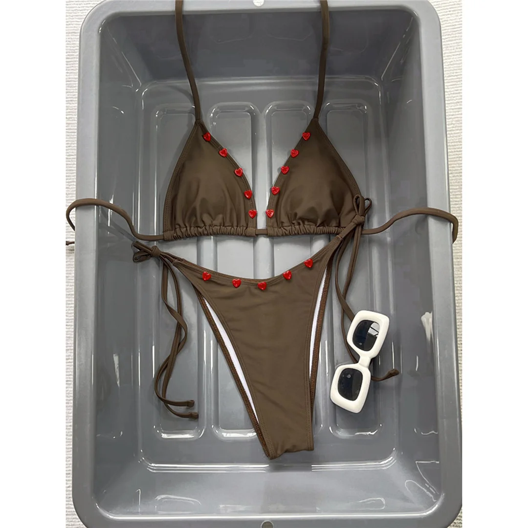 Halterneck-Bikini mit Trägern, Damen-Badeanzug, zweiteiliges Bikini-Set, gepolstert, mit hohem Beinausschnitt, Badebekleidung, Badeanzug, Modell V8262. – Detail 5