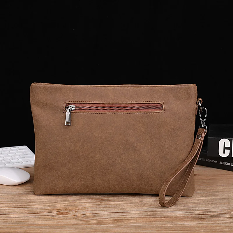 Casual Soft PU Leather Horizontal Square Clutch Bag Coffee Brown Crazy Horse Skin Men's Handheld Bag