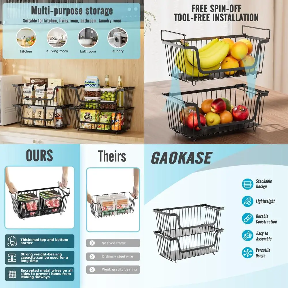 

Stackable Wire Baskets for Pantry, Countertop Veggie Storage, Metal Kitchen Baskets, Potato Onion Bin, Black
