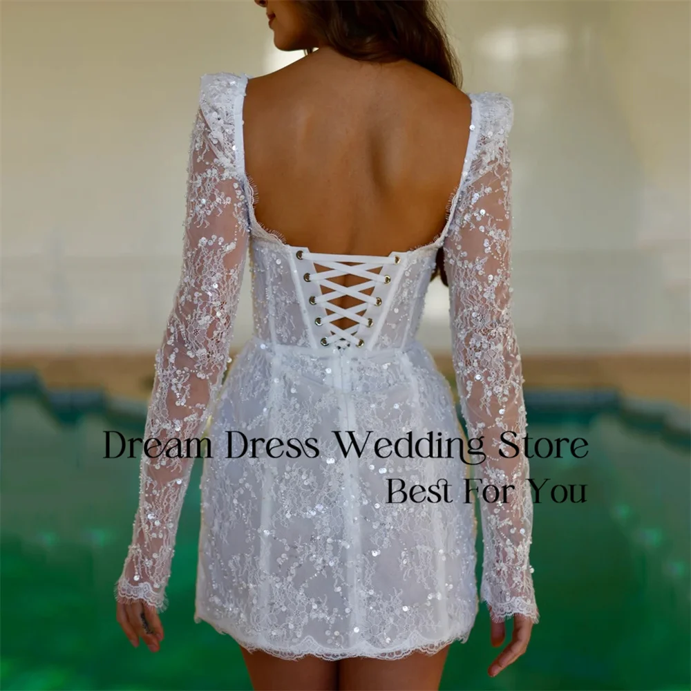 Prachtige korte trouwjurk kant lange mouw vierkante kraag open rug vetersluiting schede bruidsjurk vestido de novia aangepast