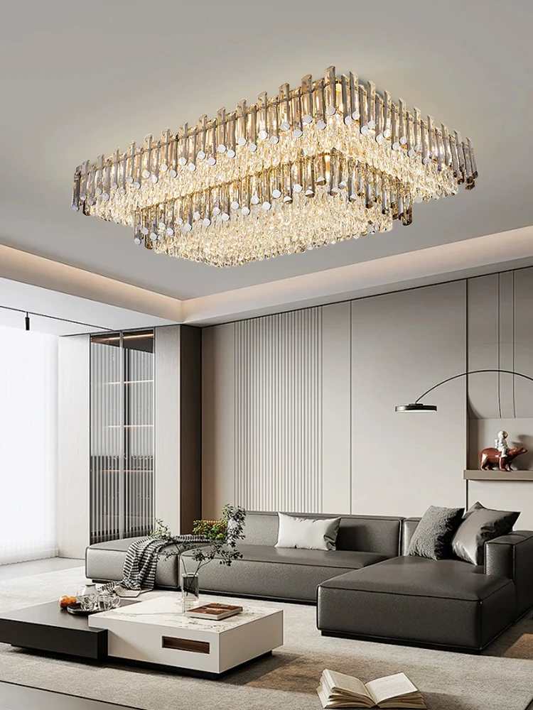 Lustres de teto de cristal retangular grande de luxo, base e14 regulável cinza claro cristal lamapras de techo luzes de decoração de casa
