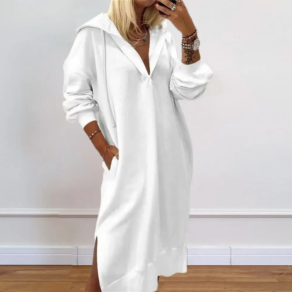 

Loose Fit Dress Cozy Hooded Knit Dress with Side Split Pockets for Women Fall Winter Midi Dress for Daily Wear Casual V-neck