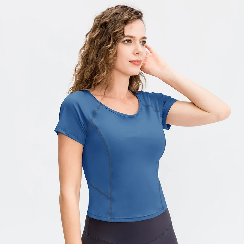 Camiseta de Yoga para mujer, Top corto de manga corta para correr, gimnasio, ejercicio informal elástico, Top deportivo para Fitness