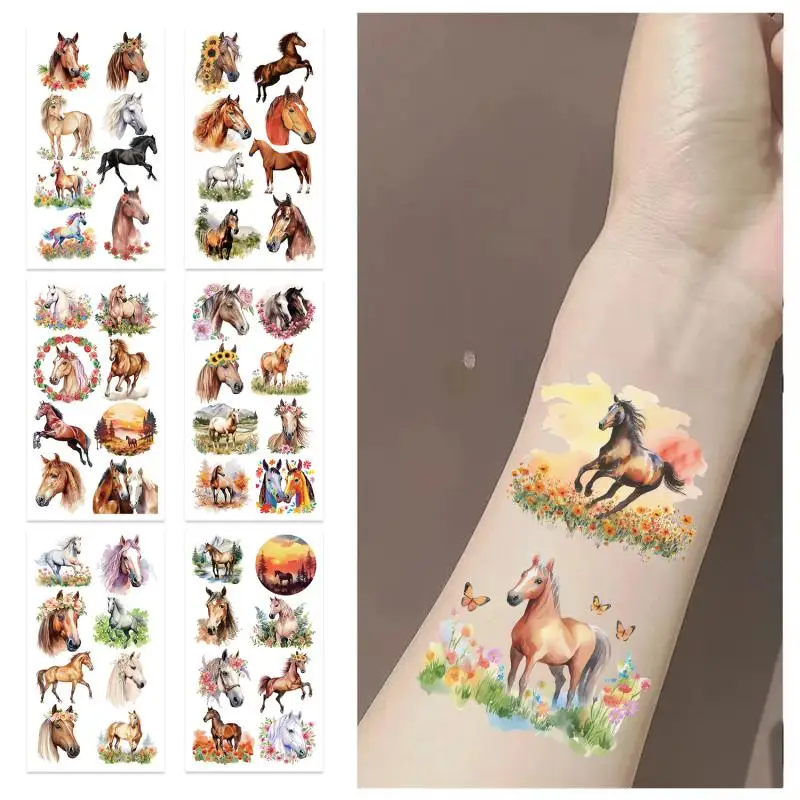 

10 шт./компл., красочные временные татуировки с изображением лошади, наклейки для украшения, подарки на день рождения, украшения для вечеринок