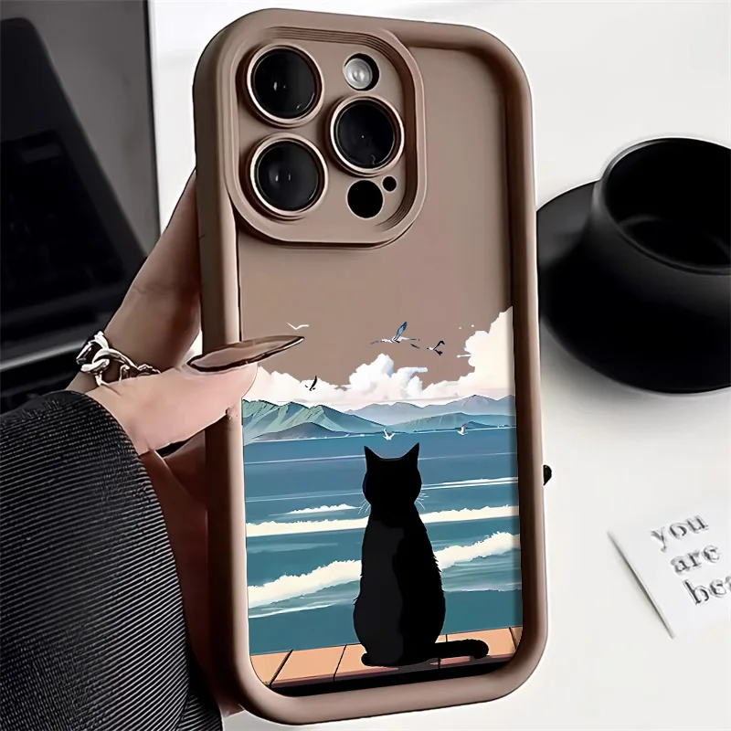 

Cute Cat Watching the Sea Silicone Case For iPhone 16 15 14 13 12 11 Pro Max XS XR X 8 7 Plus SE2 Shockproof Bumper Back Cover