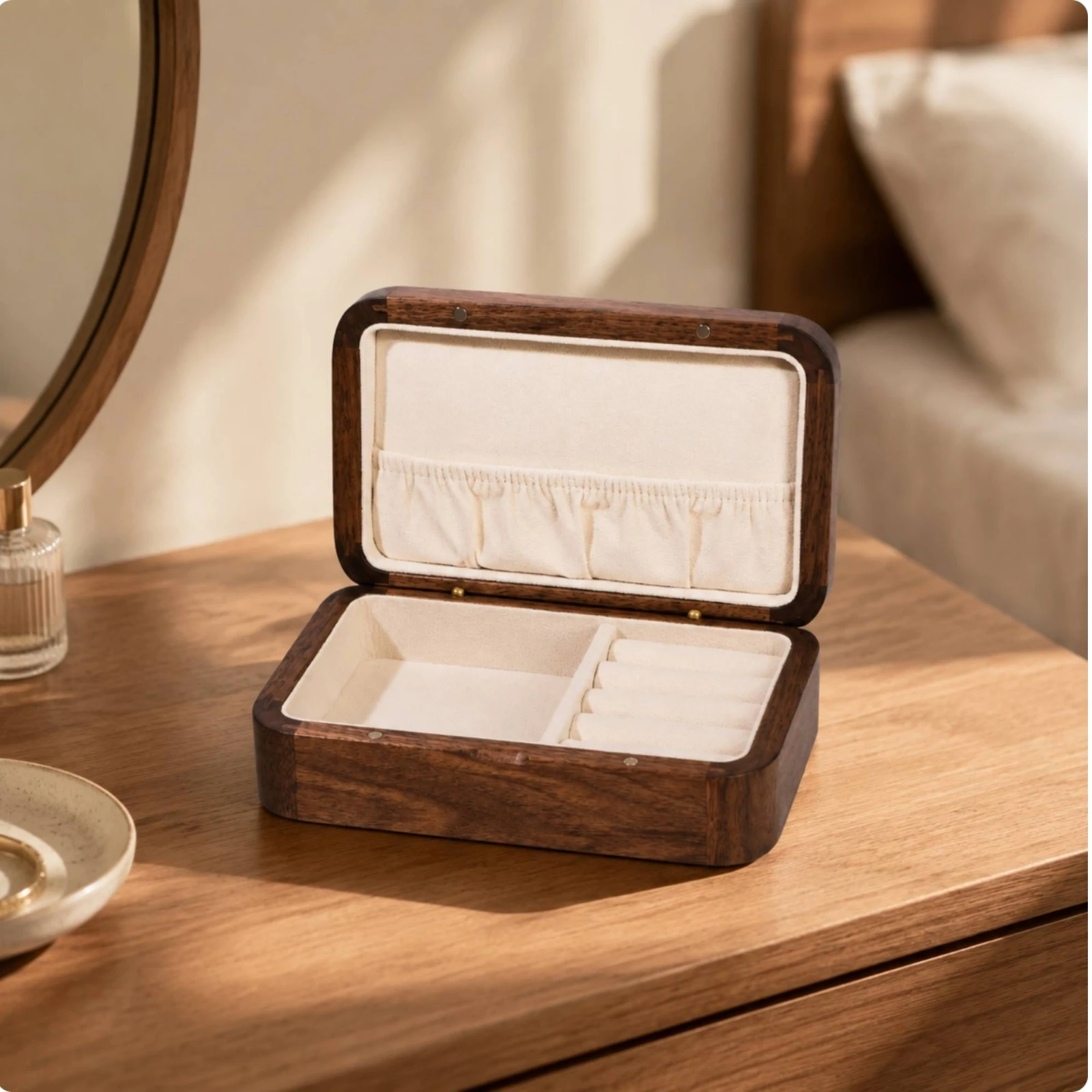 Walnut-Finish Jewelry Box Sturdy Wooden Jewelry Box Slim Versatile for Bedroom Dresser, Vanity