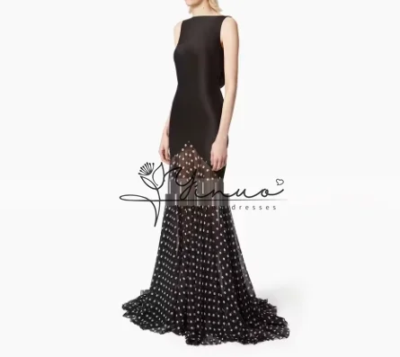 Customized  Evening Dress Black Satin Dots Chiffon Backless Sexy Evening Gown Mermaid Sleeveless Trumpet Women's Formal Party Dr