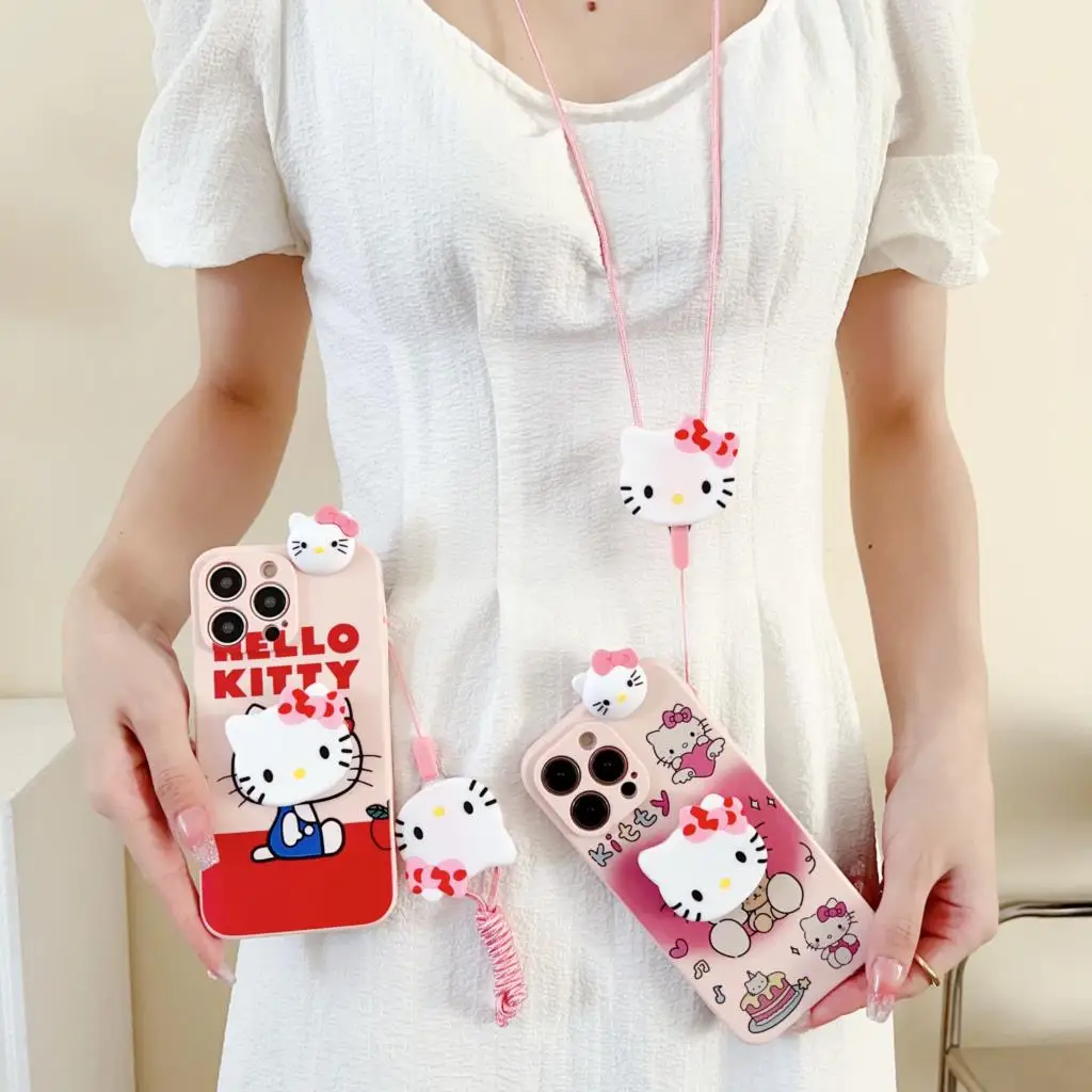 Funky Hello Kitty Case With Holder Rope For iPhone 6 6s 7 8 X Xs Max XR 11 12 13 14 15 Pro SE Max