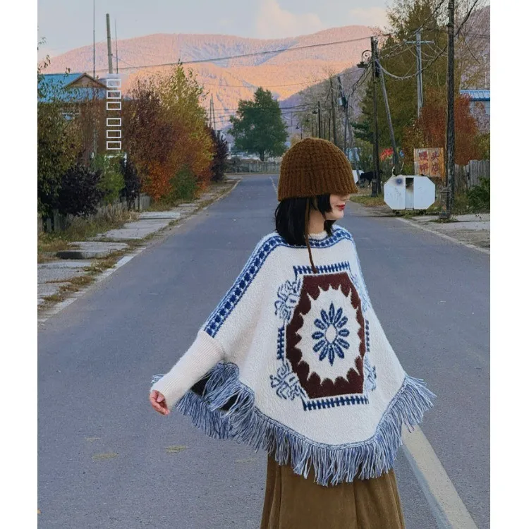 

Retro Ethnic Sle Off-oulder Batwing Sve Sweater awl Women's Autumn Winter Loose Long Sve Knitted Tassel Cloak