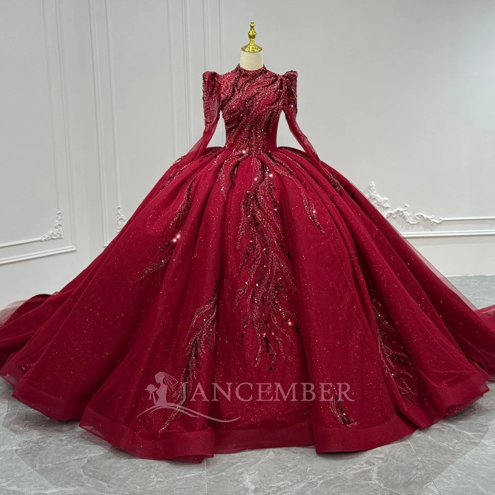 Robes de mariée de luxe à manches longues Robes à col haut robes de mariée de pays en dentelle personnalisées à lacets dos paillettes robes de novia