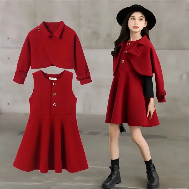 

Girl Clothes Set Autumn Winter New Year Christmas Red woolen Vest Dress Jacket 2pcs Teen Kids Outfits Children Princess Clothing