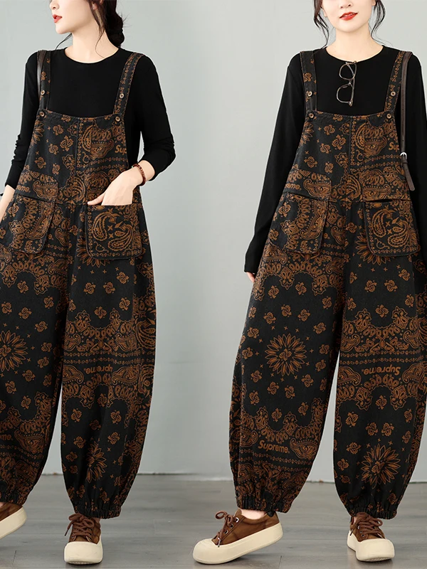 Loose Fit Floral Print Denim Overalls for Women High Waist Straight Leg Digital Printing Cotton Polyester Blend Autumn New Ar...