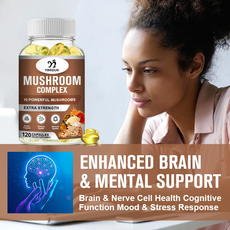 Lion Mane Cordyceps Mushroom Complex Supplement for Nootropic Brain Memory & Focus Immune Booster Energy & Stress Relief