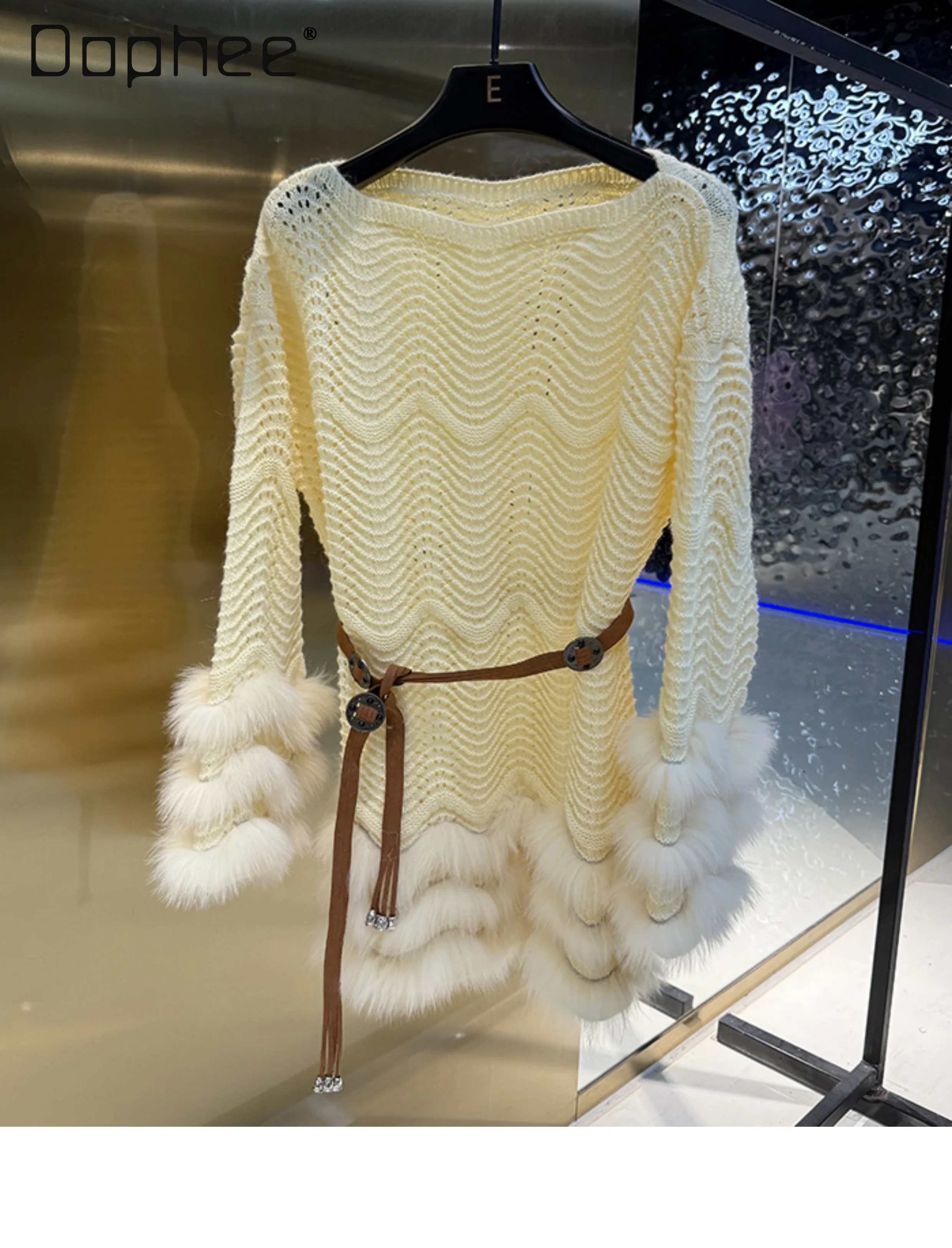 เสื้อไหมพรมแขนยาวปี 2025 แบบเปิดไหล่ แต่งขนฟ็อกซ์แท้ ตัดต่อผ้า ทรงเข้ารูป เซ็กซี่ ทันสมัย โอเวอร์ไซส์ สำหรับผู้หญิง