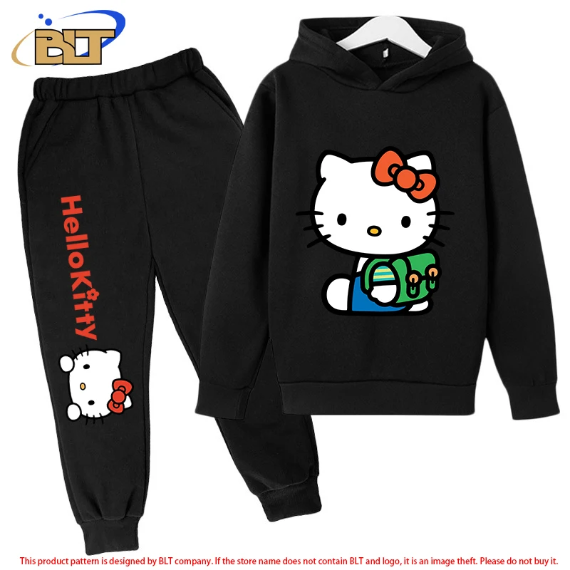 HeIIoKitty children's fleece hoodie set black sports sweatshirt pants 2-piece set suitable for boys and girls