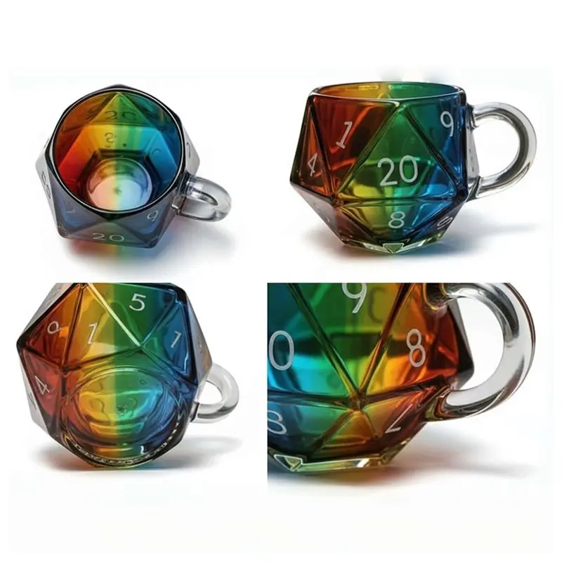 J1UL1N Glass Gaming Mug 20-Sided Polyhedral Gaming Mug Heat-Resistant Transparent Coffee Cup For Board Game Lovers