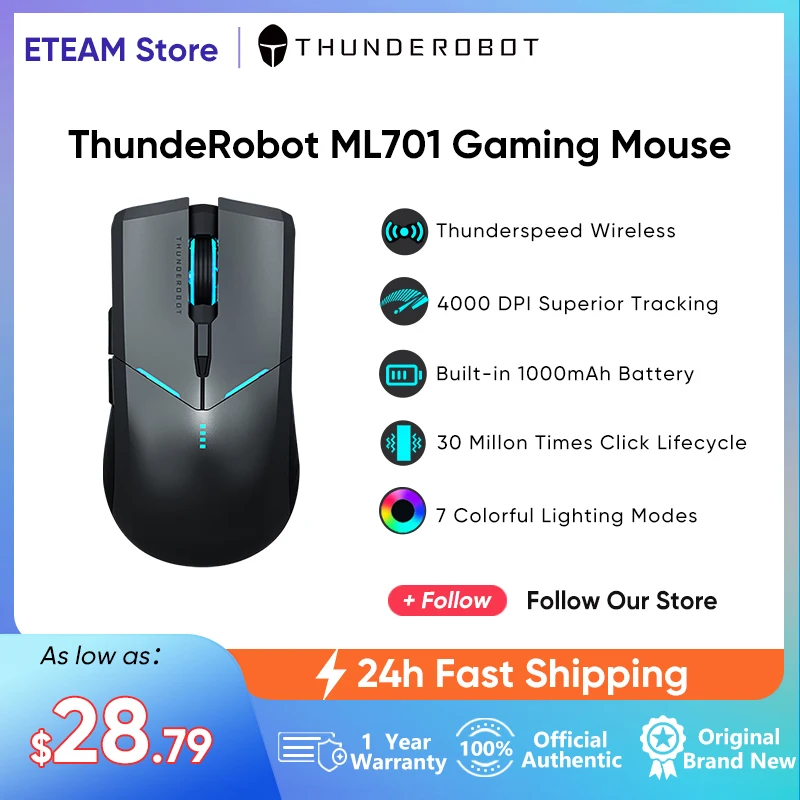 

ThundeRobot-Wireless Gaming Mouse, Rechargeable Wired Mouse for Laptop, PC Computer, 4000 DPI, 1000mAh, RGB Gamer, ML701, 2.4G